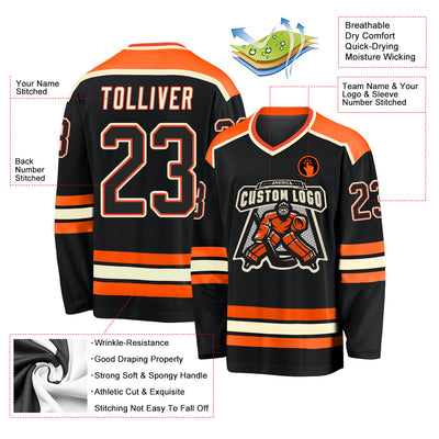 Custom Black Black Orange-Cream Hockey Jersey