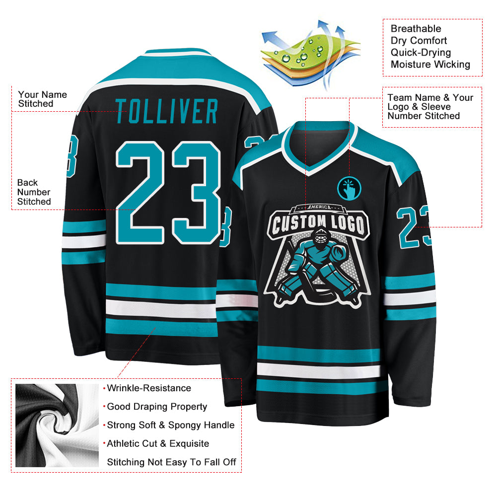 Custom Black Teal-White Hockey Jersey
