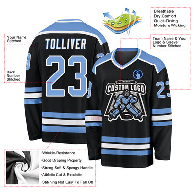 Custom Black Light Blue-White Hockey Jersey