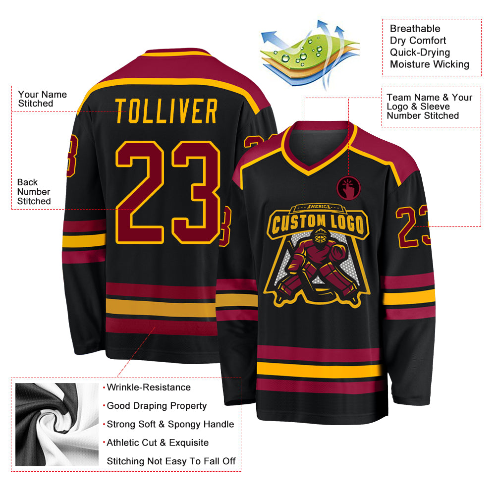 Custom Black Maroon-Gold Hockey Jersey