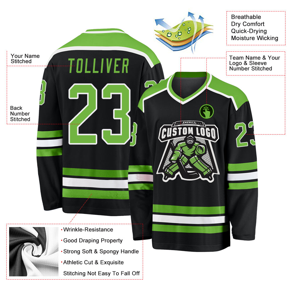 Custom Black Neon Green-White Hockey Jersey