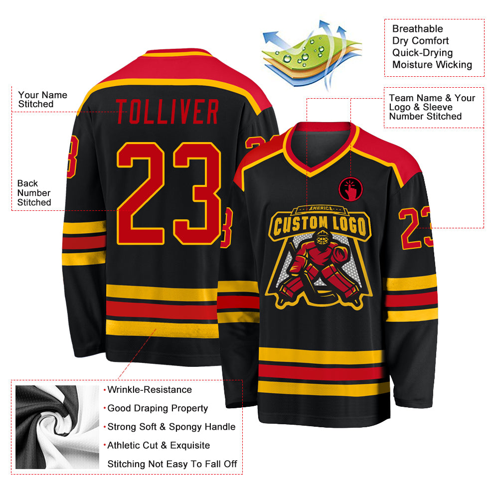 Custom Black Red-Gold Hockey Jersey