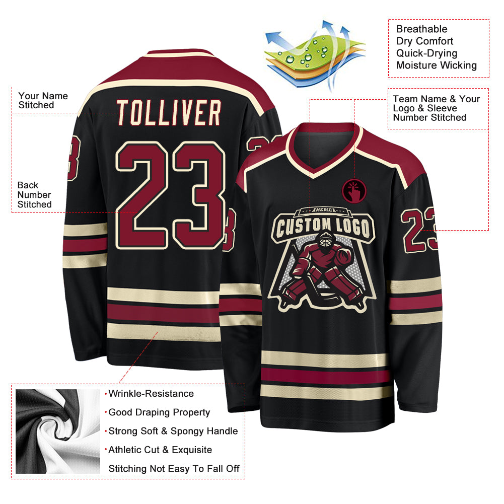 Custom Black Crimson-Cream Hockey Jersey