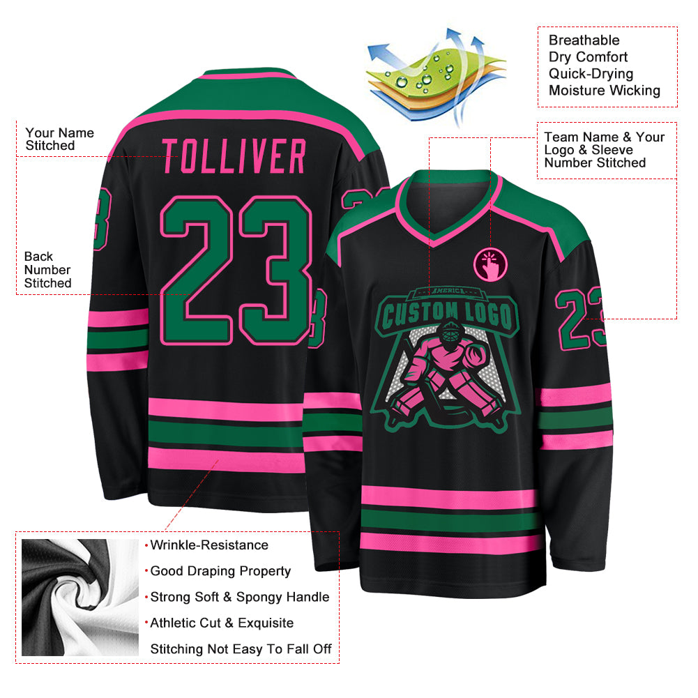 Custom Black Kelly Green-Pink Hockey Jersey