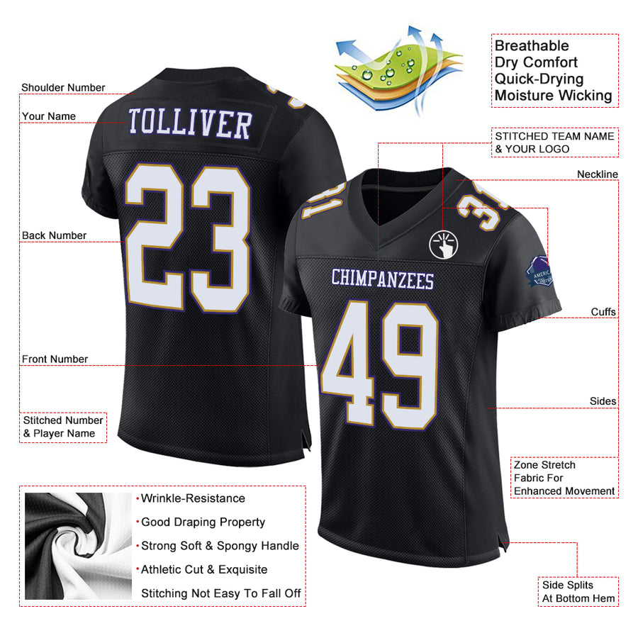 Custom Black White Old Gold-Purple Mesh Authentic Football Jersey