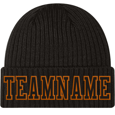 Custom Black Black-Texas Orange Stitched Cuffed Knit Hat