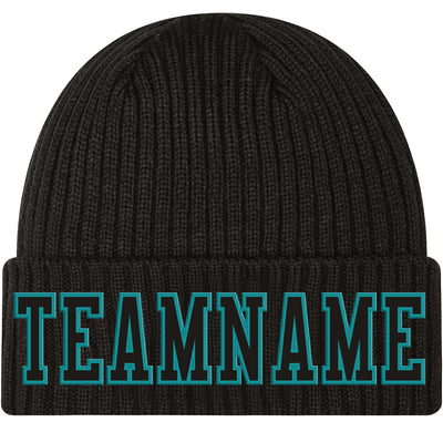 Custom Black Black-Aqua Stitched Cuffed Knit Hat