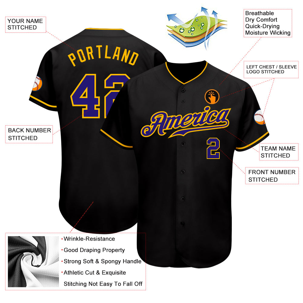Custom Black Dark Purple-Gold Authentic Baseball Jersey