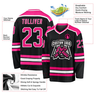 Custom Black Hot Pink-White Hockey Jersey