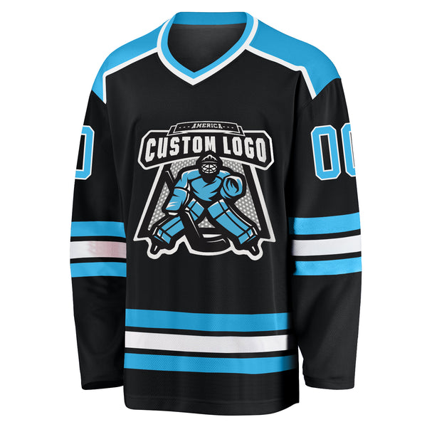 Custom Black Black-Light Blue Hockey Jersey Discount