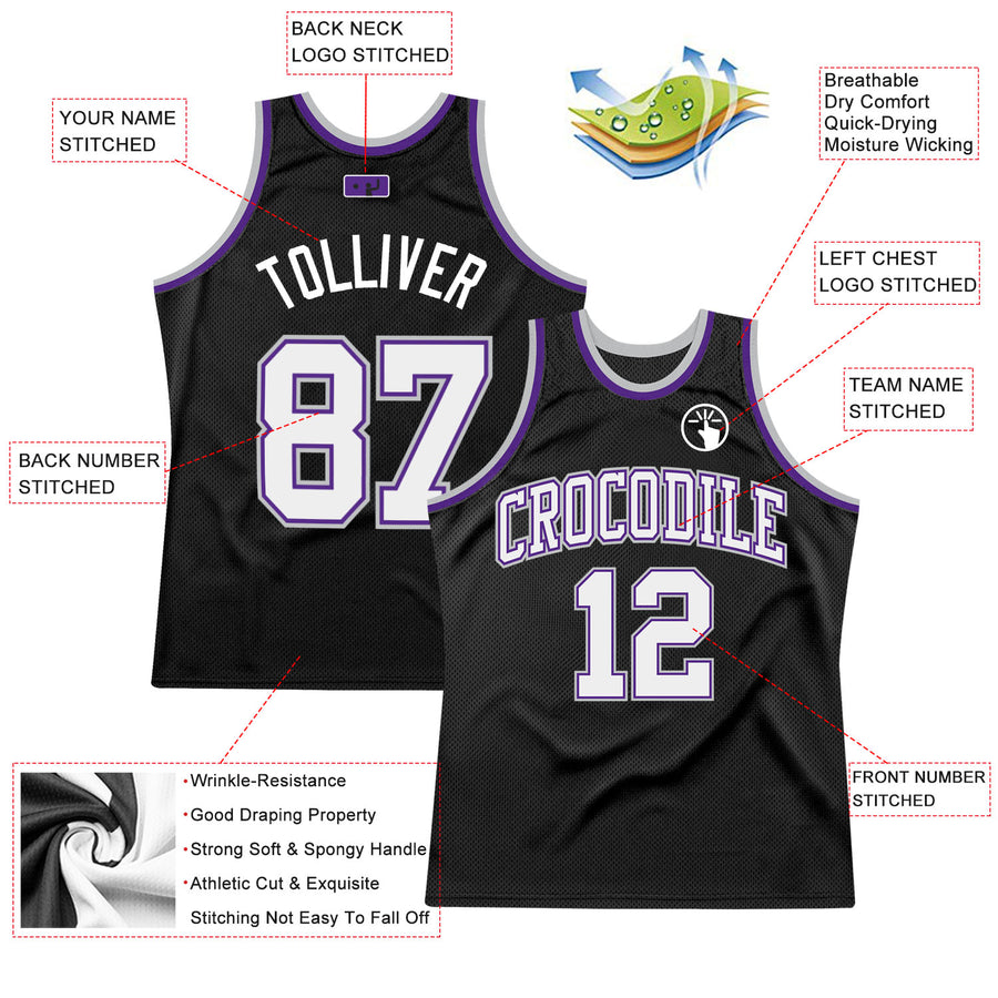 Custom Black White Purple-Gray Authentic Throwback Basketball Jersey