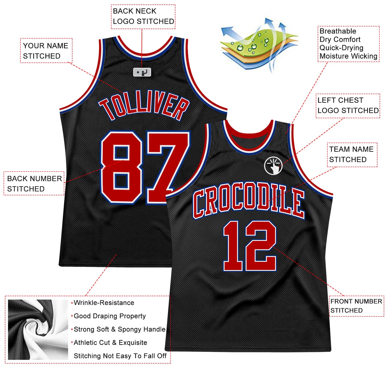 Custom Black Red-Royal Authentic Throwback Basketball Jersey