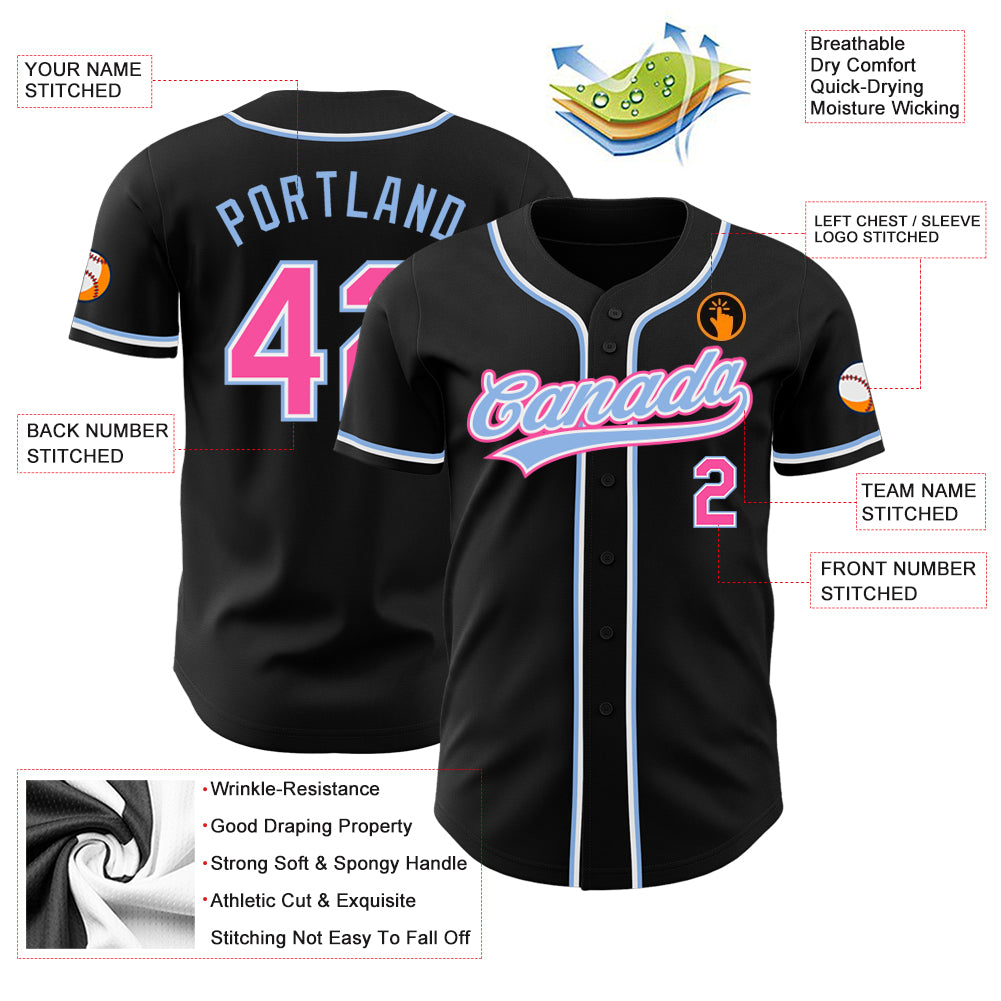 Custom Black Pink-Light Blue Authentic Baseball Jersey
