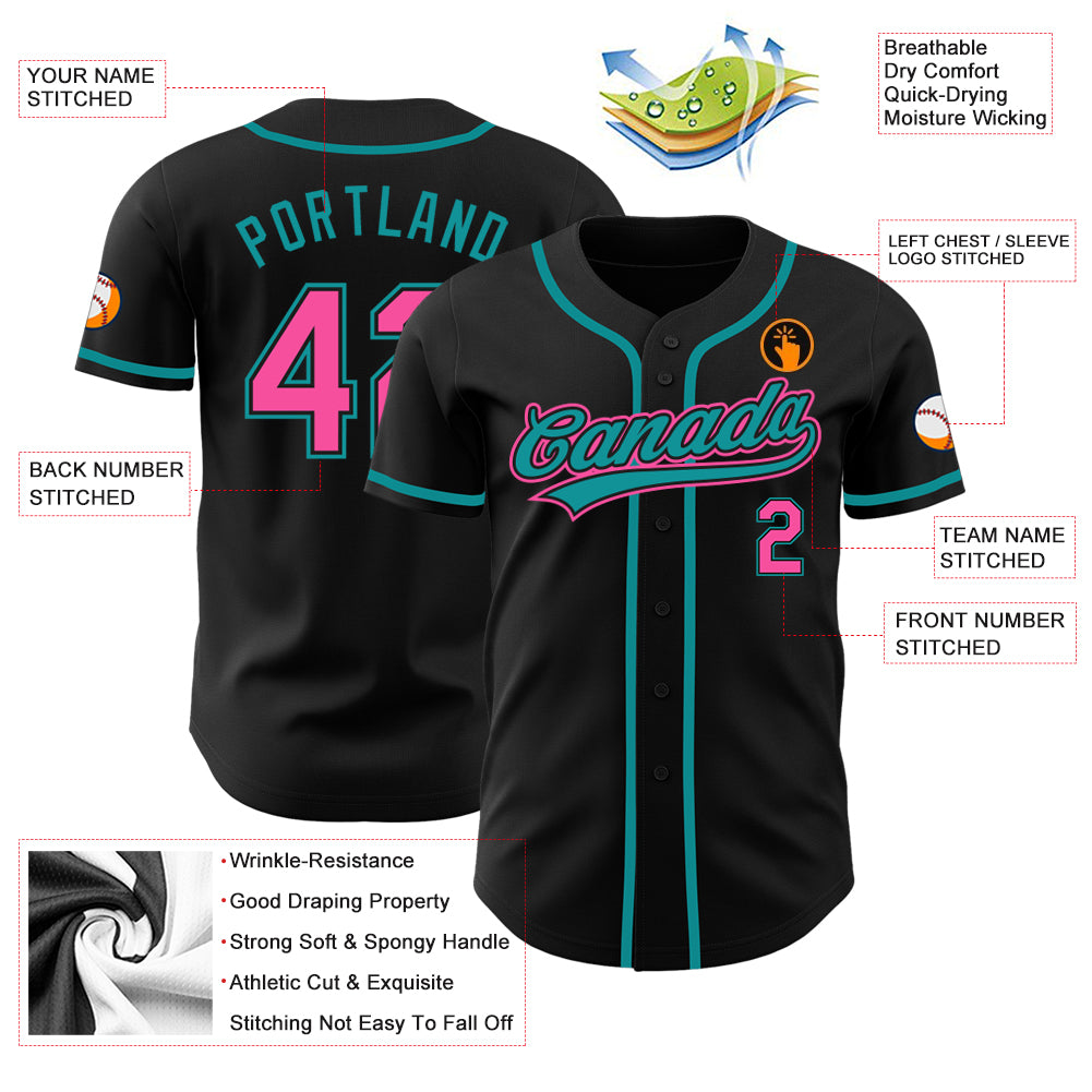 Custom Black Pink-Teal Authentic Baseball Jersey Women's Size:L