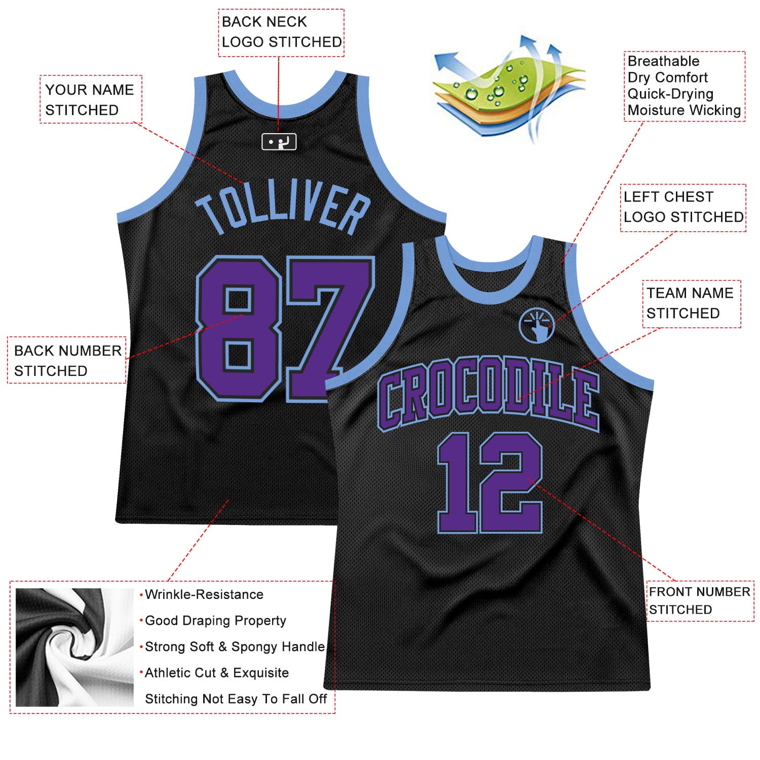 Custom Black Purple-Light Blue Authentic Throwback Basketball Jersey