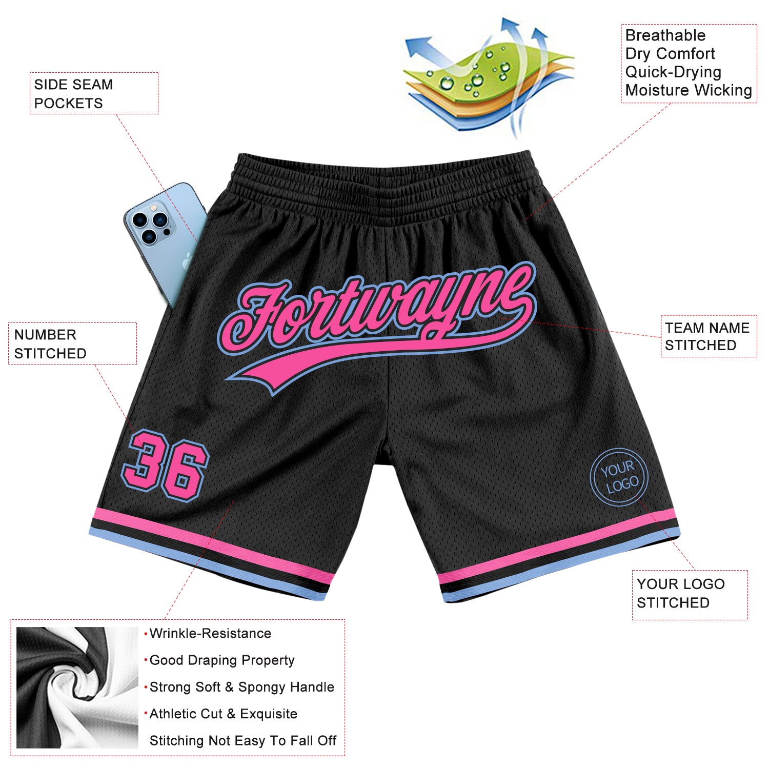 Custom Black Pink-Light Blue Authentic Throwback Basketball Shorts