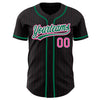 Custom Black Pink Pinstripe Pink-Kelly Green Authentic Baseball Jersey