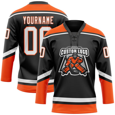 Custom Black White-Orange Hockey Lace Neck Jersey