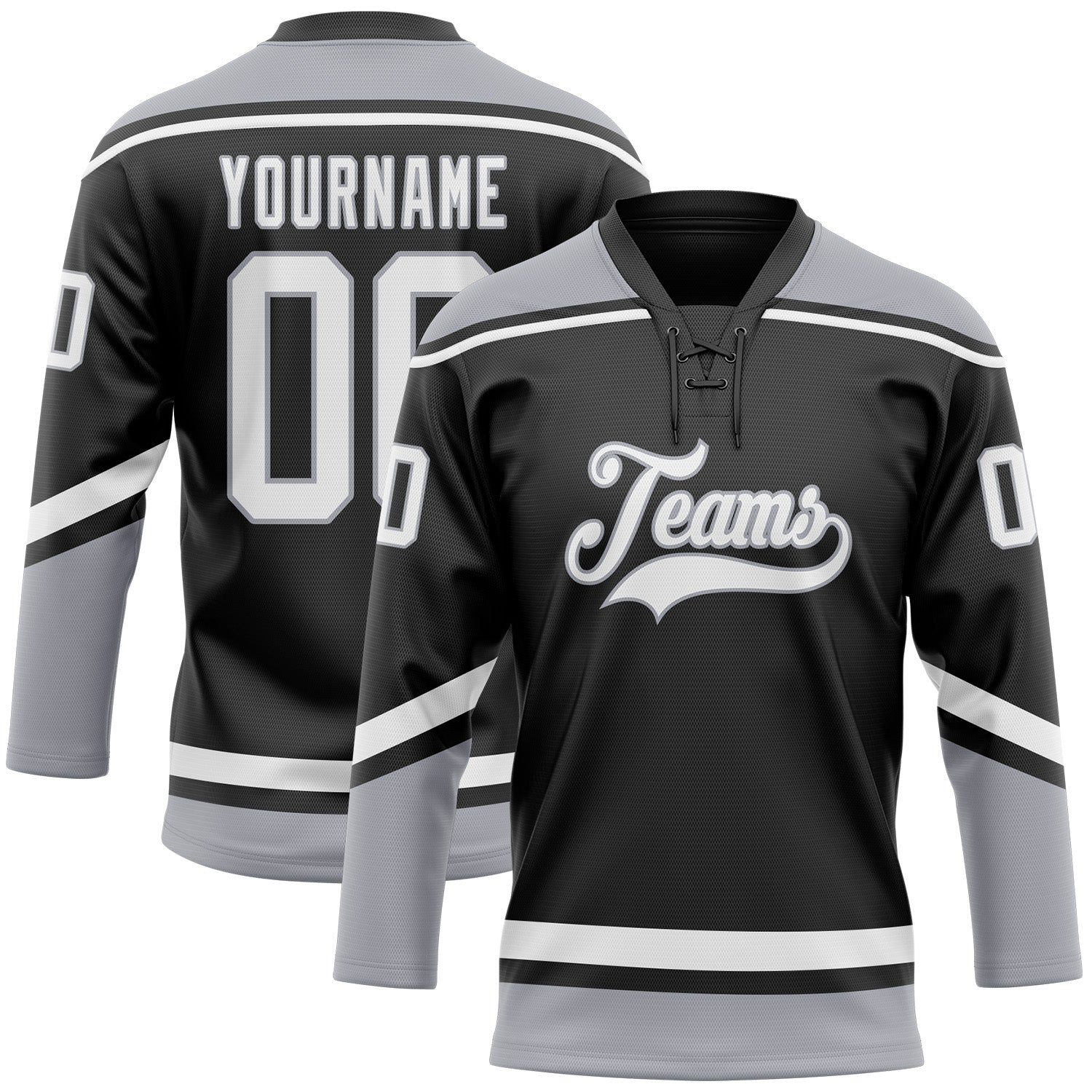Custom Black White-Gray Hockey Lace Neck Jersey