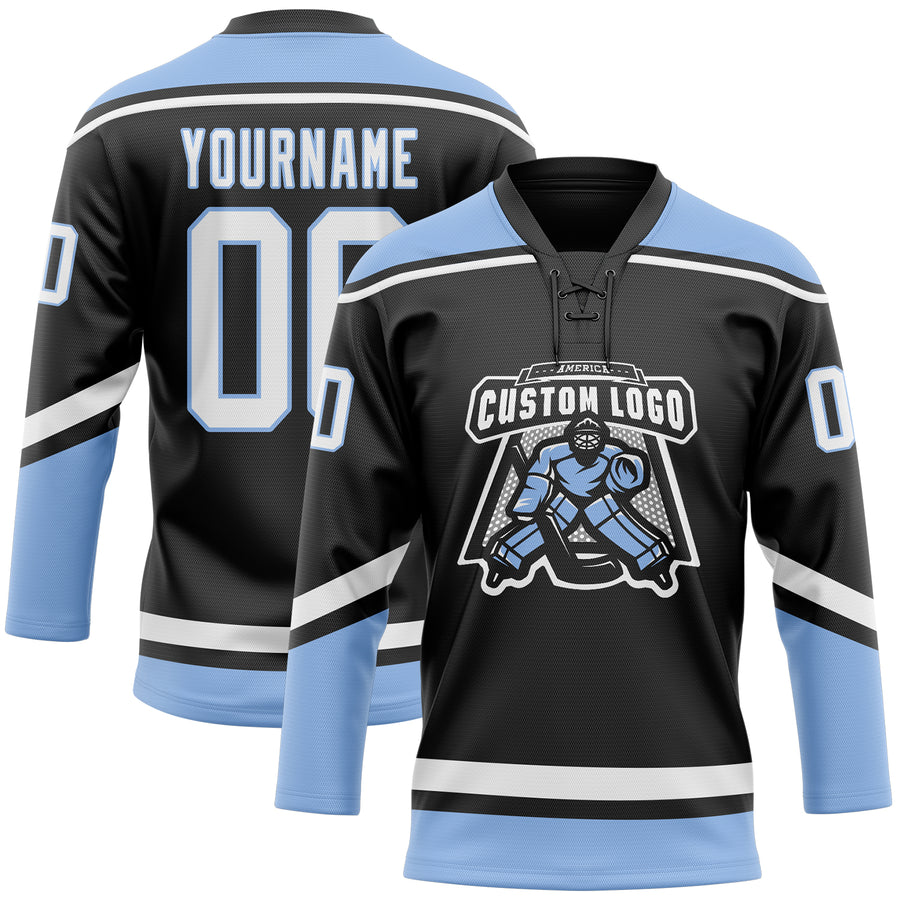 Custom Black White-Light Blue Hockey Lace Neck Jersey