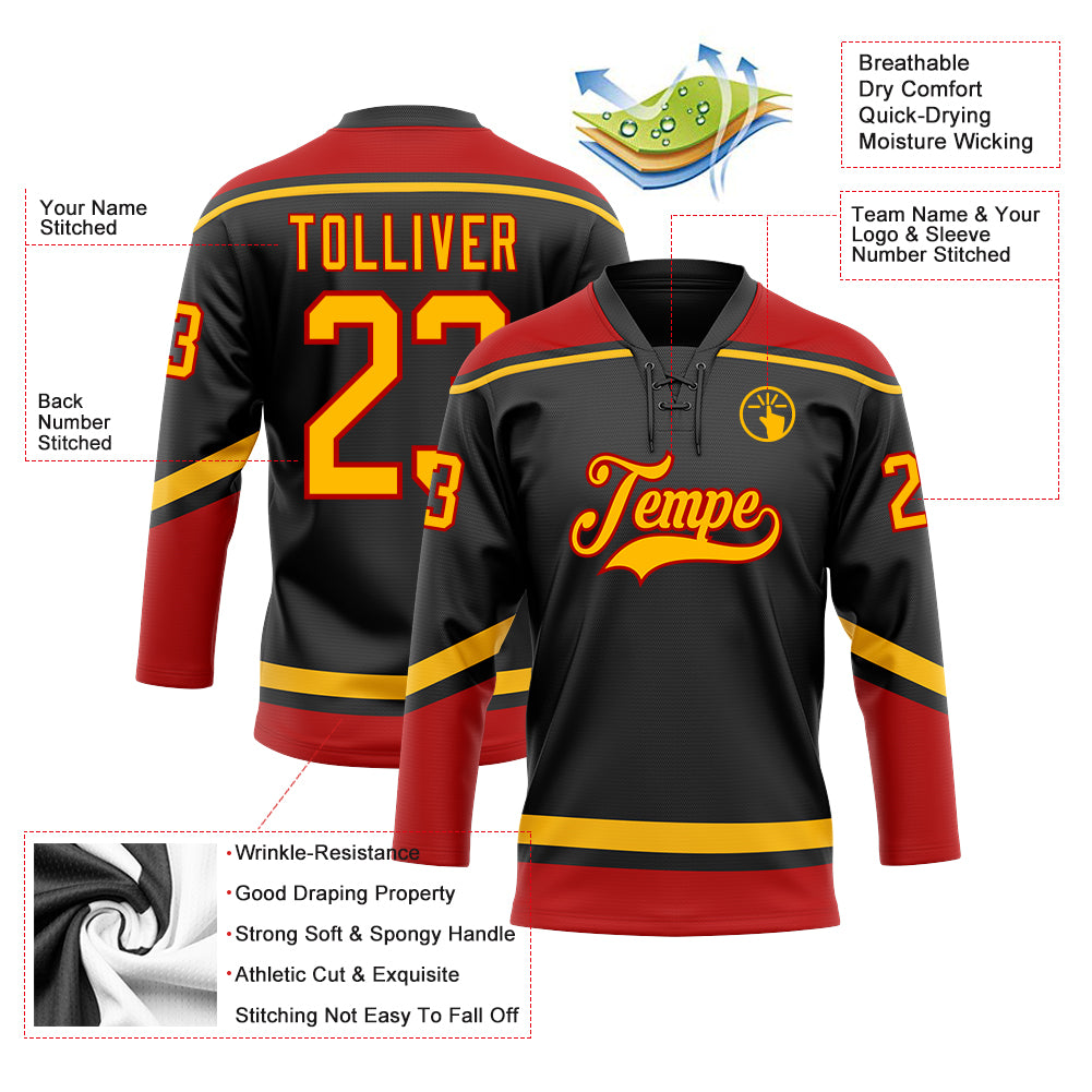 Custom Black Gold-Red Hockey Lace Neck Jersey