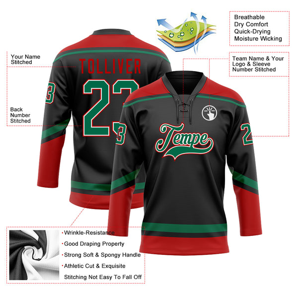 Custom Hockey Jersey Black Kelly Green-Red Hockey Lace Neck Jersey Men's Size:L