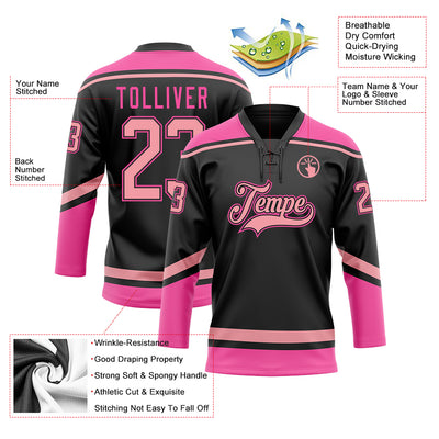 Custom Black Medium Pink-Pink Hockey Lace Neck Jersey