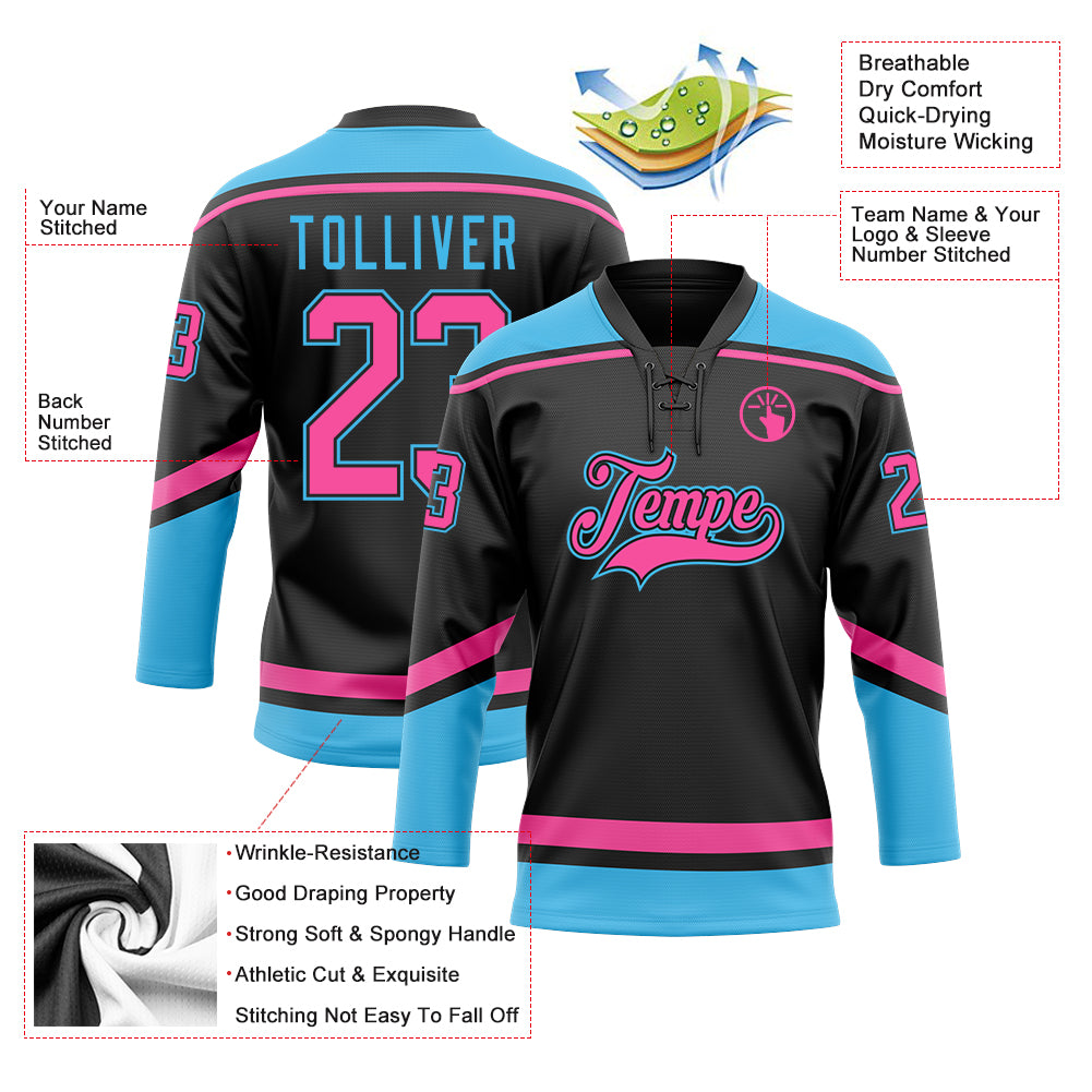 Custom Pink Sky Blue-Black Hockey Lace Neck Jersey Discount