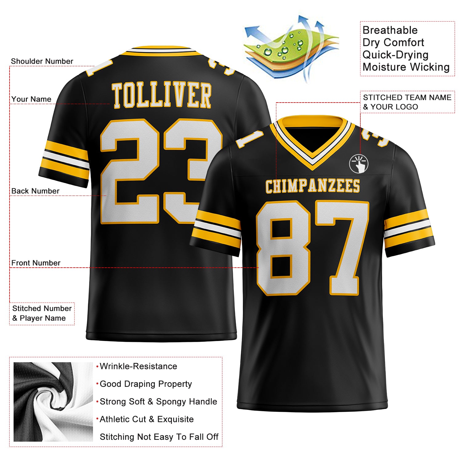 Custom Black White-Gold Authentic Football Jersey
