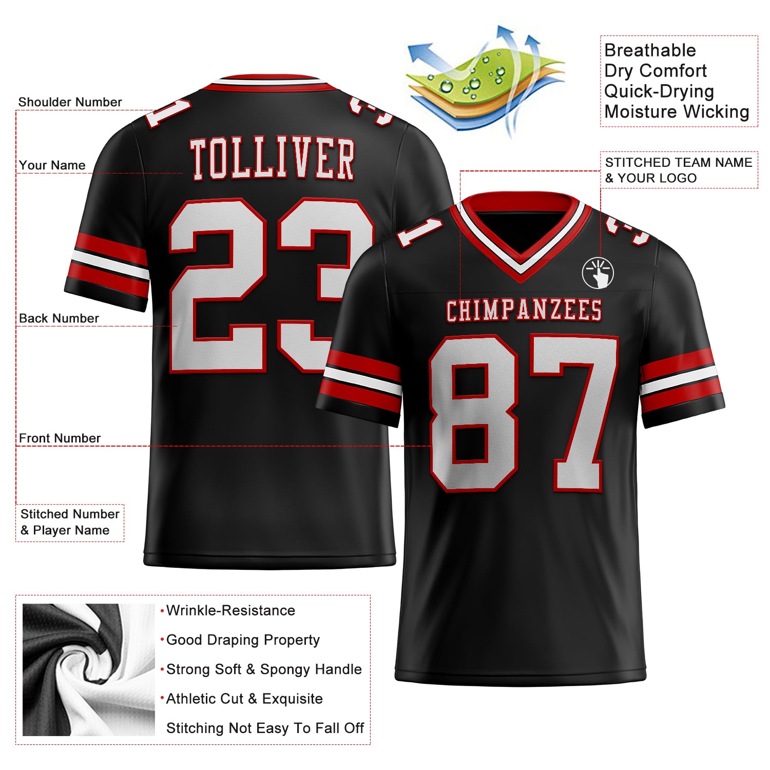 Custom Black White-Red Authentic Football Jersey