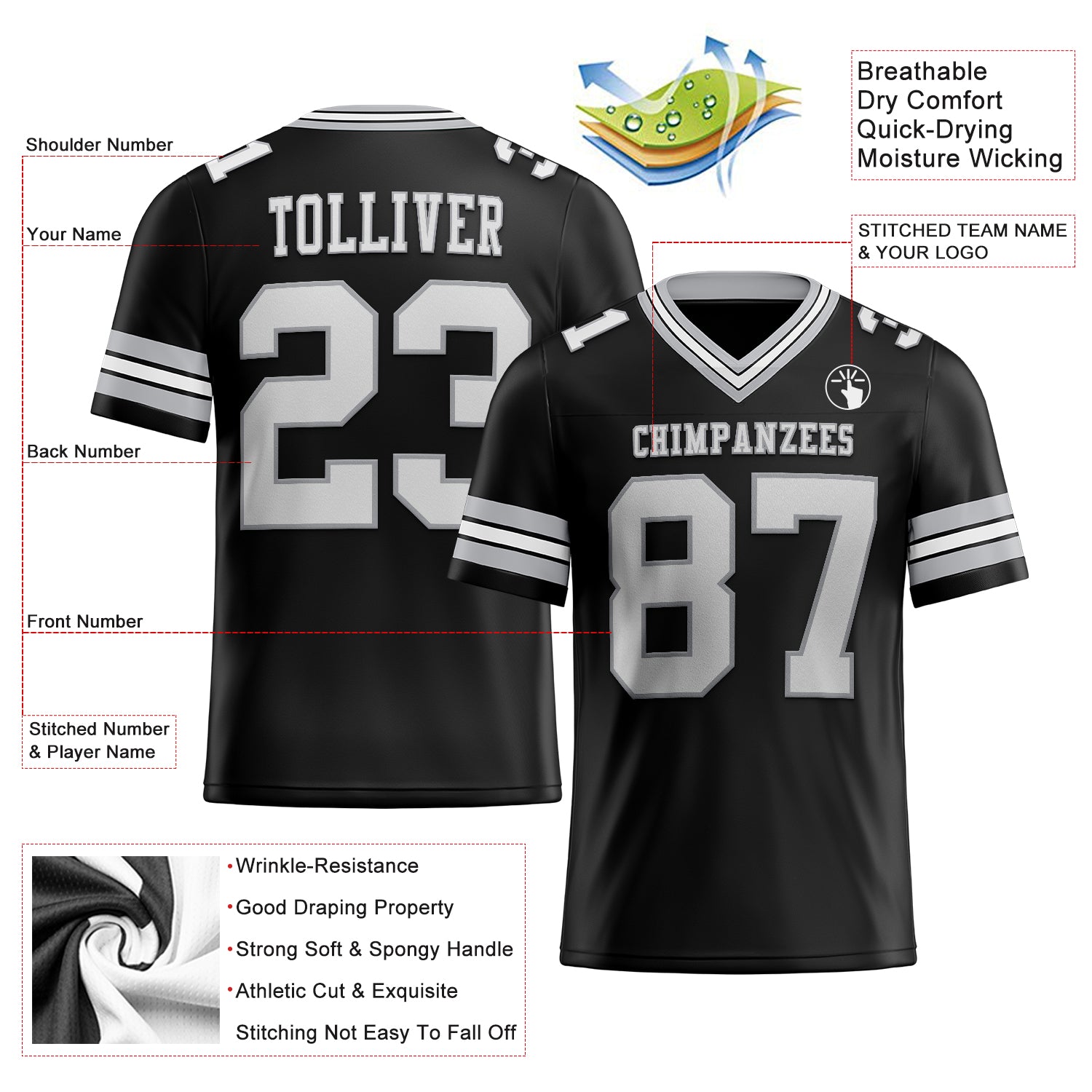 Custom Black White-Gray Authentic Football Jersey
