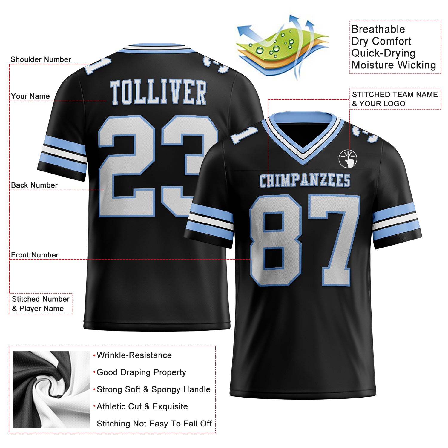 Custom Black White-Light Blue Authentic Football Jersey
