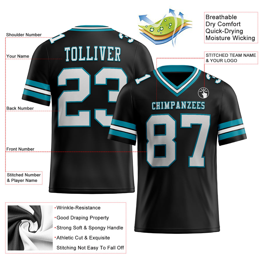 Custom Black White-Teal Authentic Football Jersey