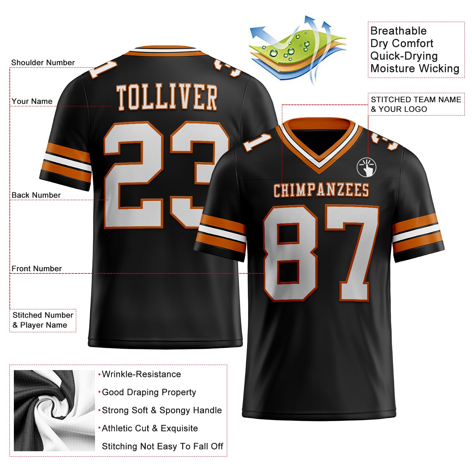 Custom Black White-Texas Orange Authentic Football Jersey