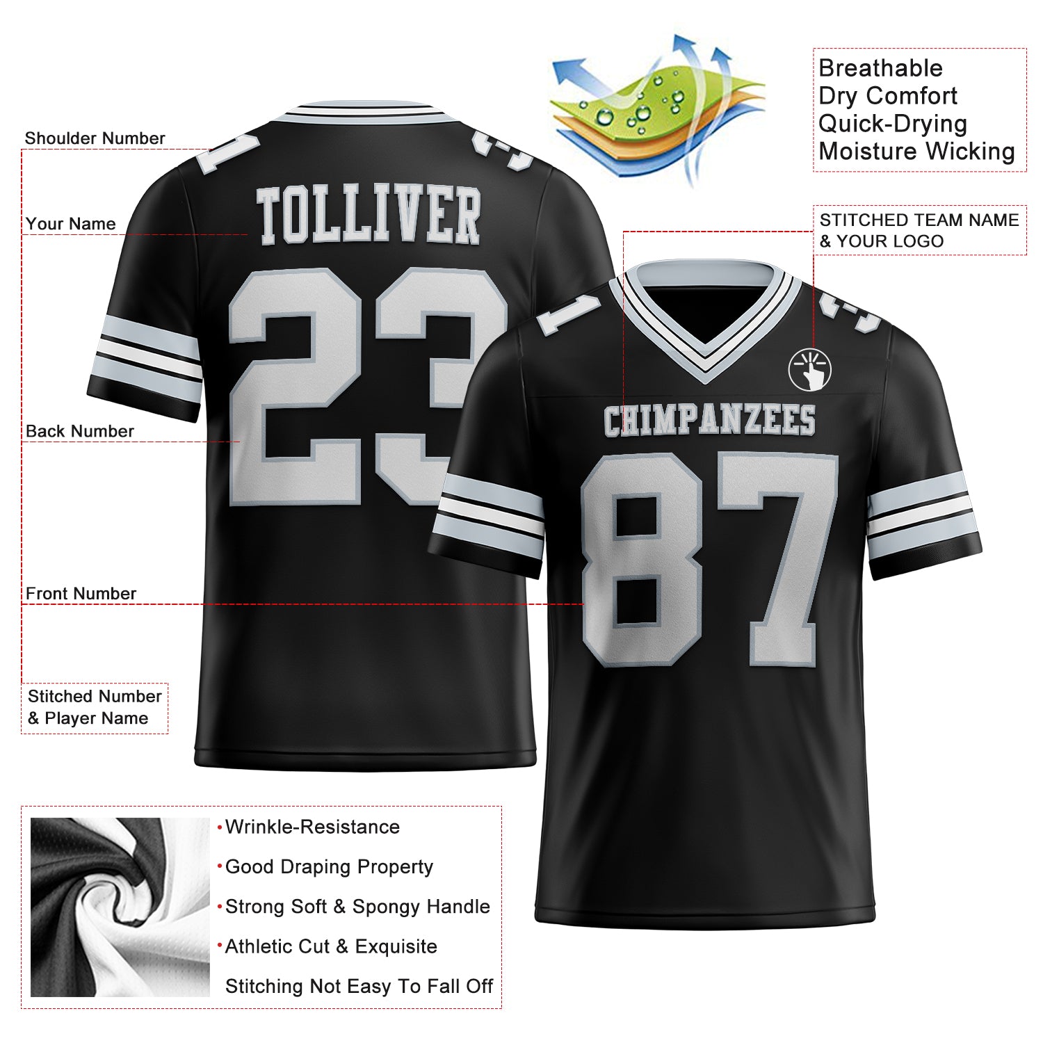 Custom Black White-Silver Authentic Football Jersey