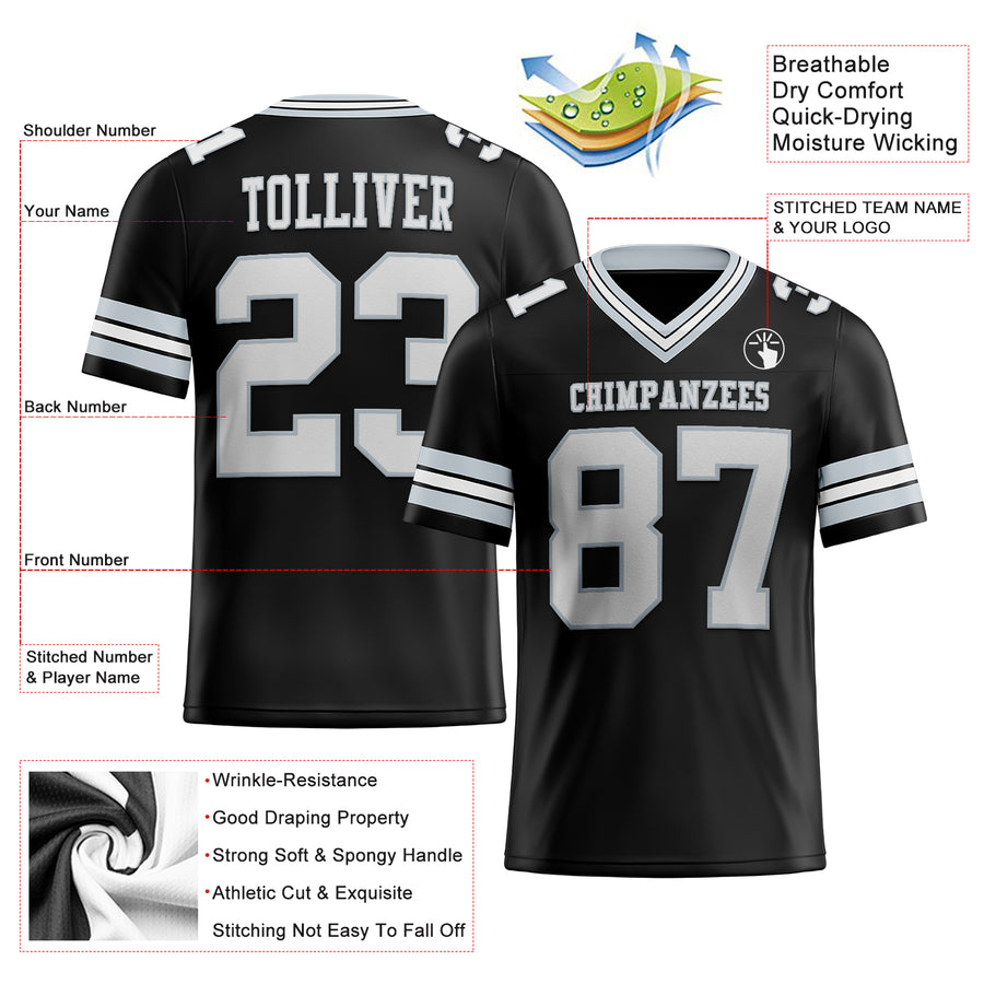 Custom Black White-Silver Authentic Football Jersey