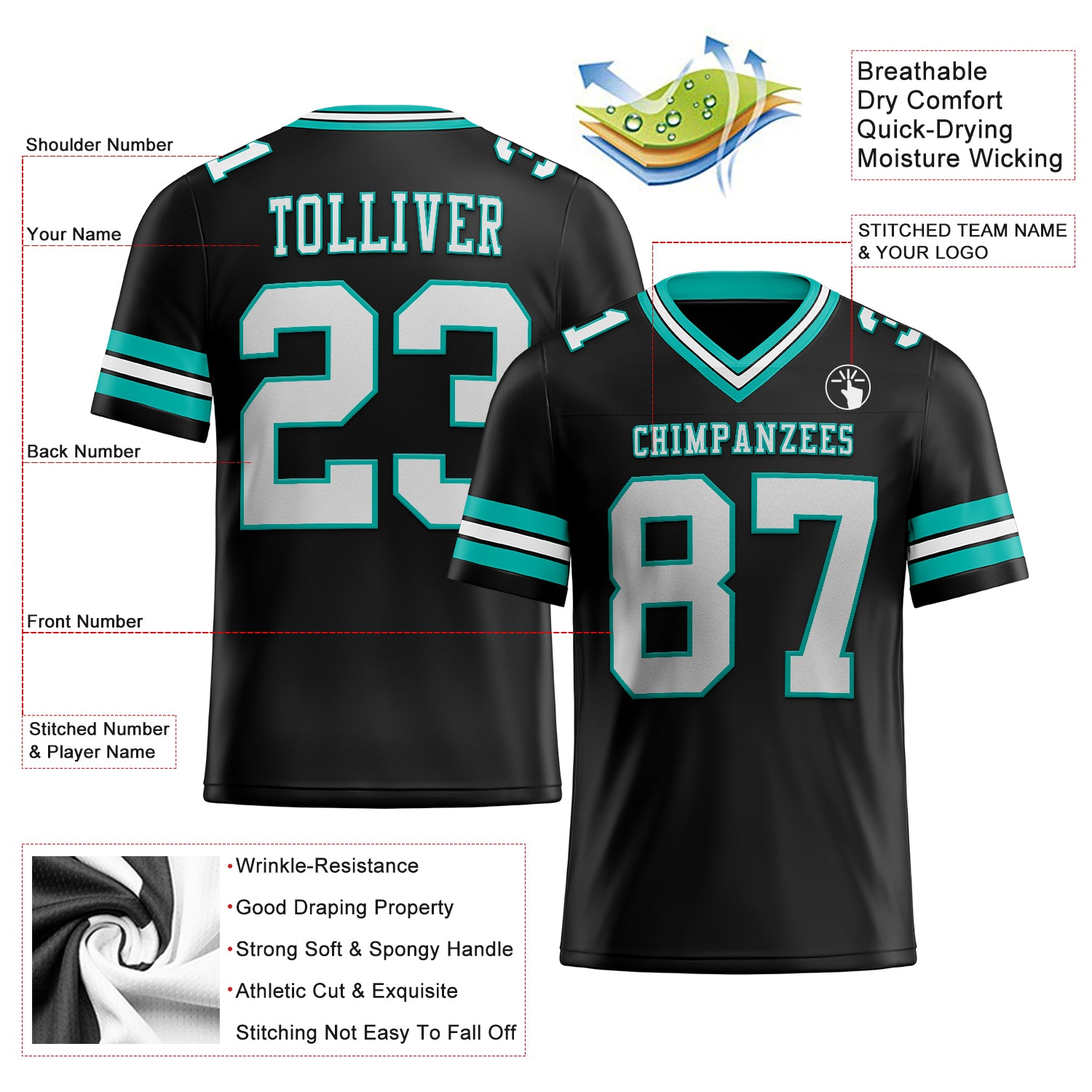 Custom Black White-Aqua Authentic Football Jersey