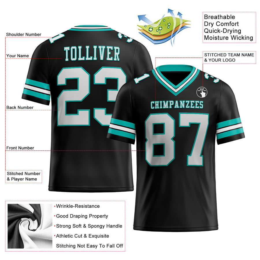 Custom Black White-Aqua Authentic Football Jersey