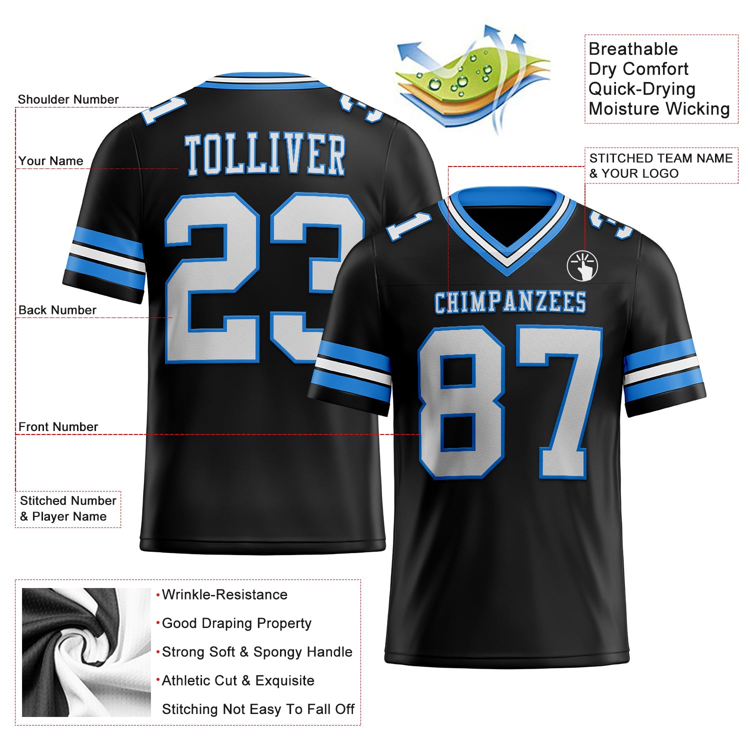 Custom Black White-Powder Blue Authentic Football Jersey