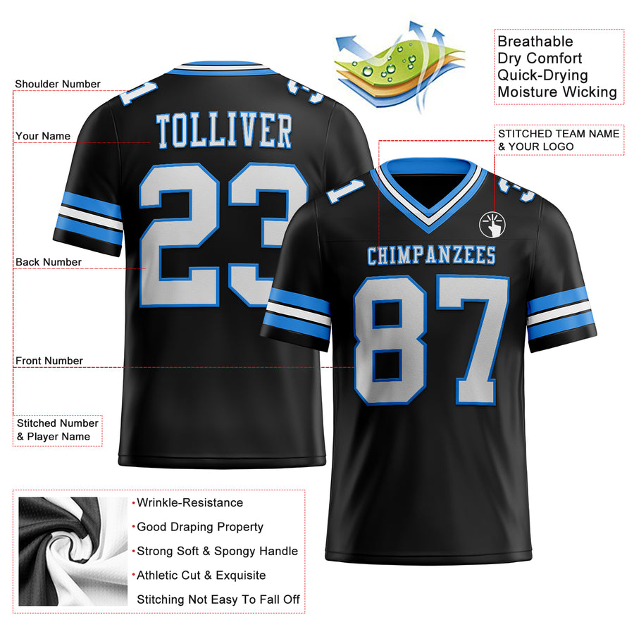 Custom Black White-Powder Blue Authentic Football Jersey