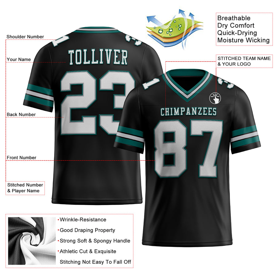 Custom Black White Gray-Midnight Green Authentic Football Jersey