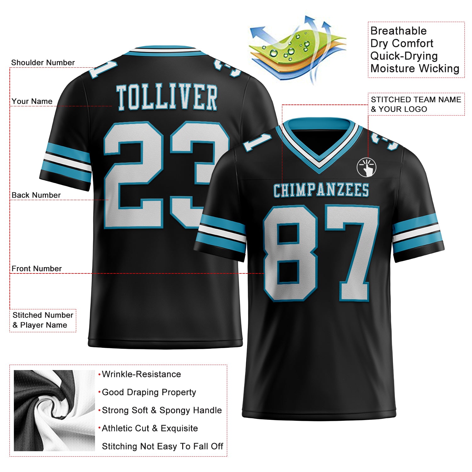 Custom Black White-Panther Blue Authentic Football Jersey