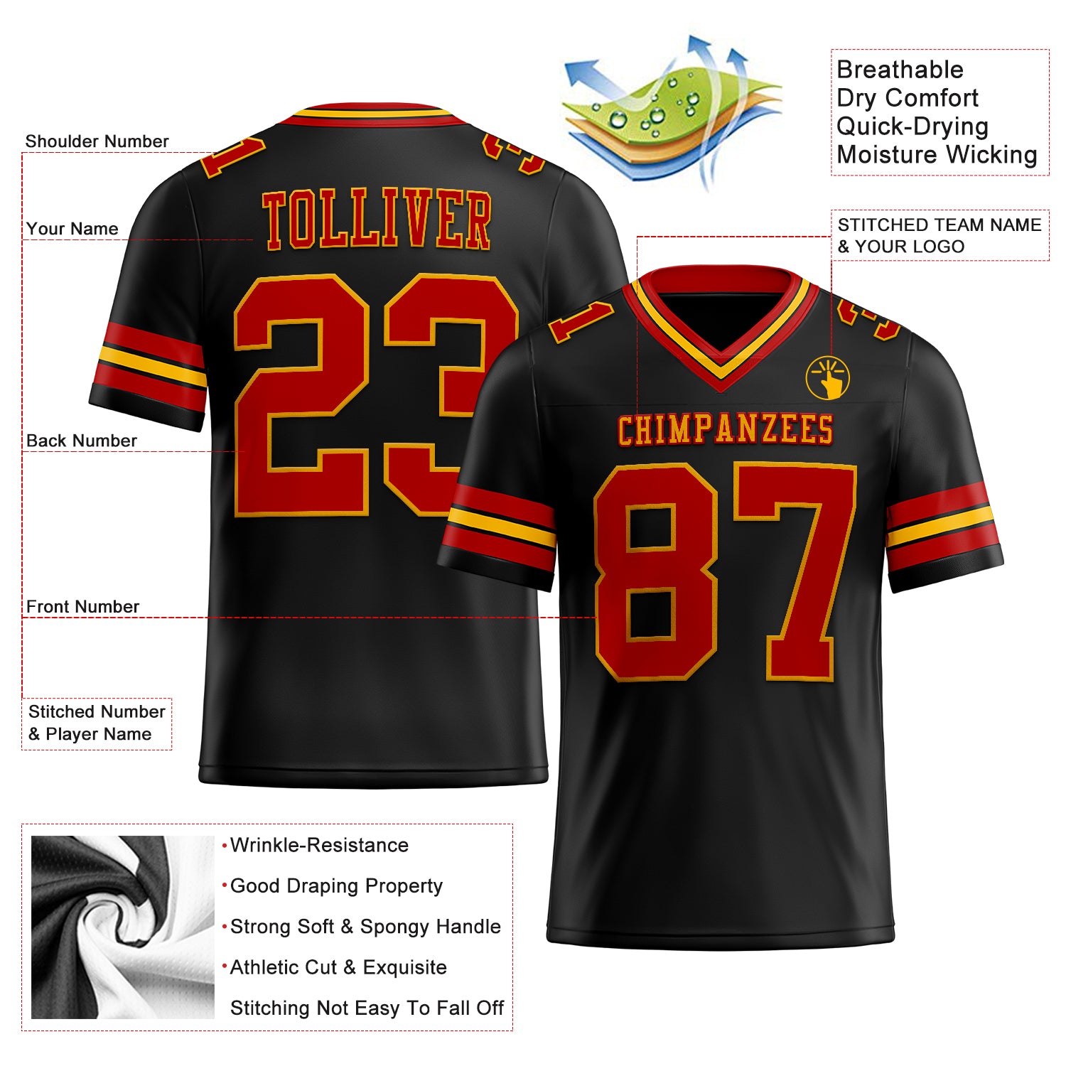 Custom Black Red-Gold Authentic Football Jersey