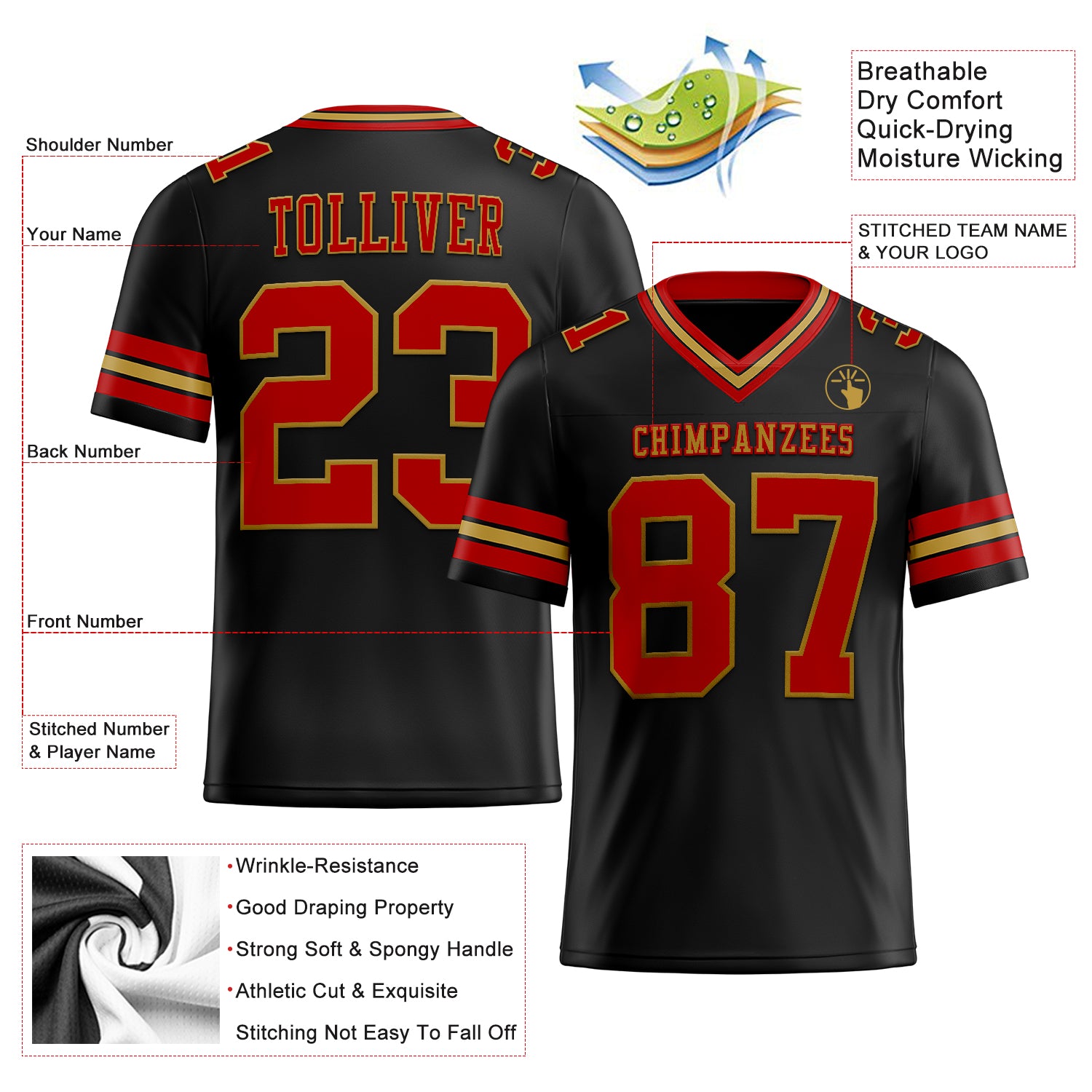 Custom Black Red-Old Gold Authentic Football Jersey