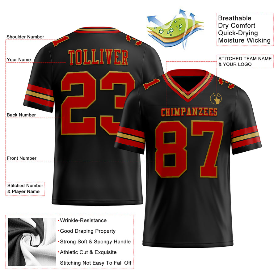 Custom Black Red-Old Gold Authentic Football Jersey