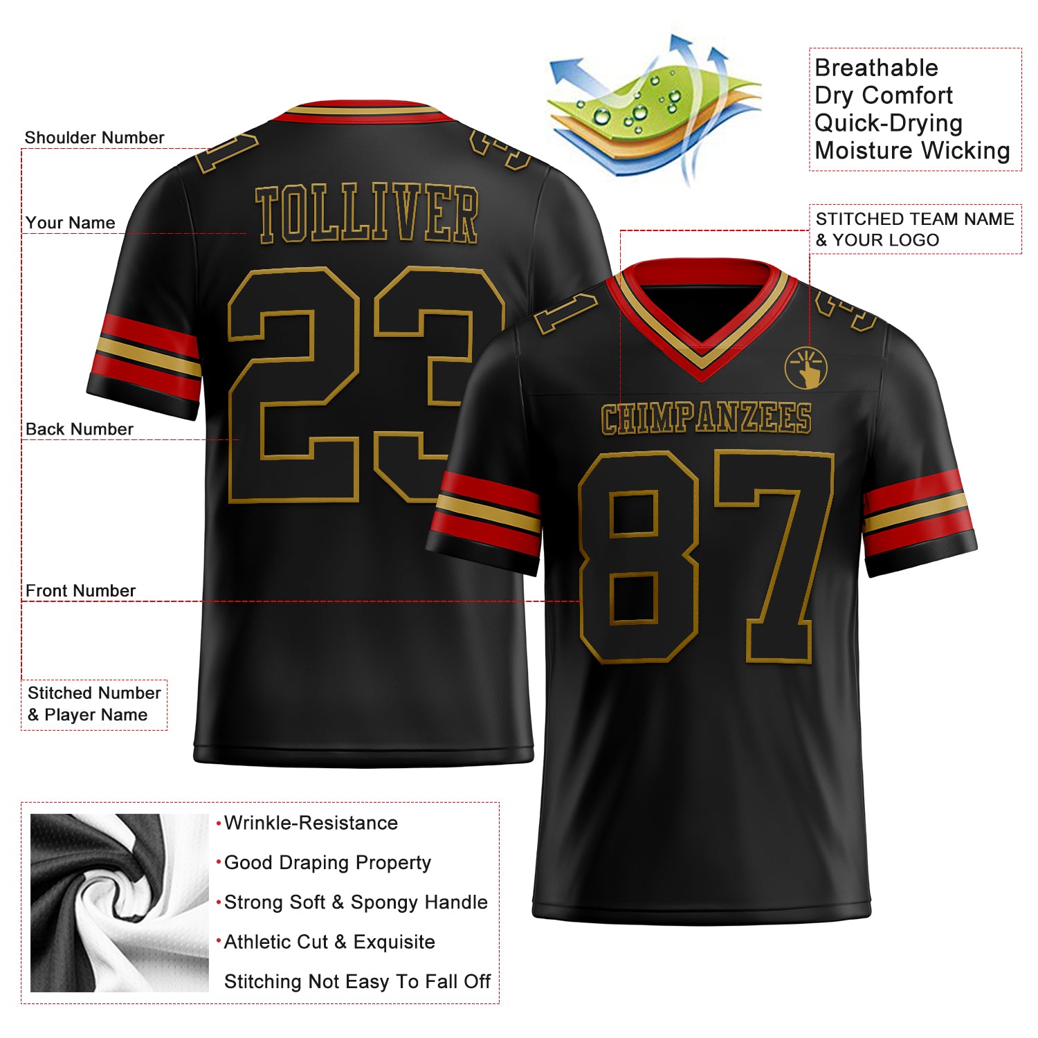 Custom Black Old Gold-Red Authentic Football Jersey