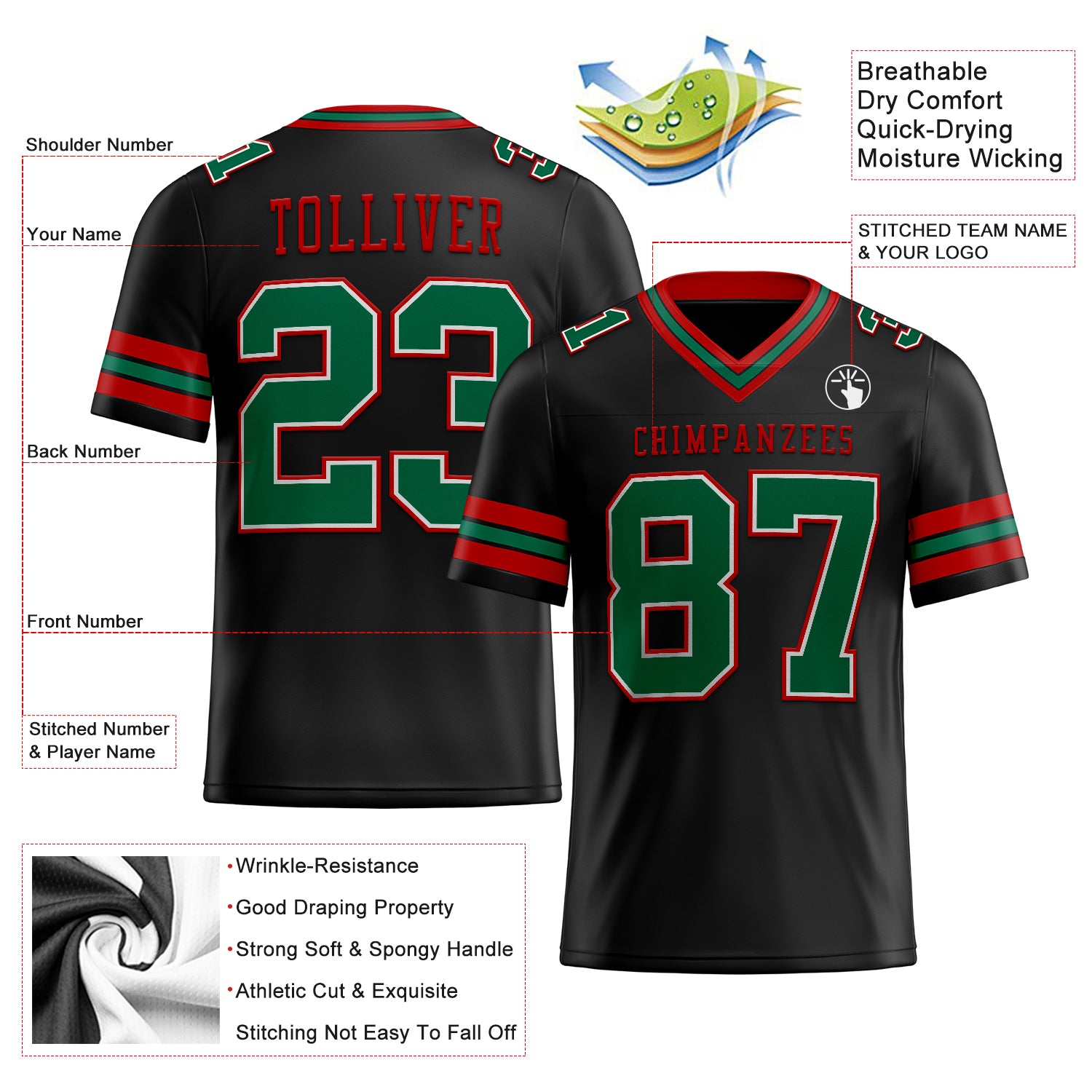 Custom Black Kelly Green-Red Authentic Football Jersey