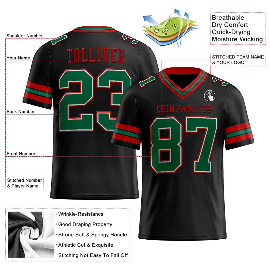 Custom Black Kelly Green-Red Authentic Football Jersey