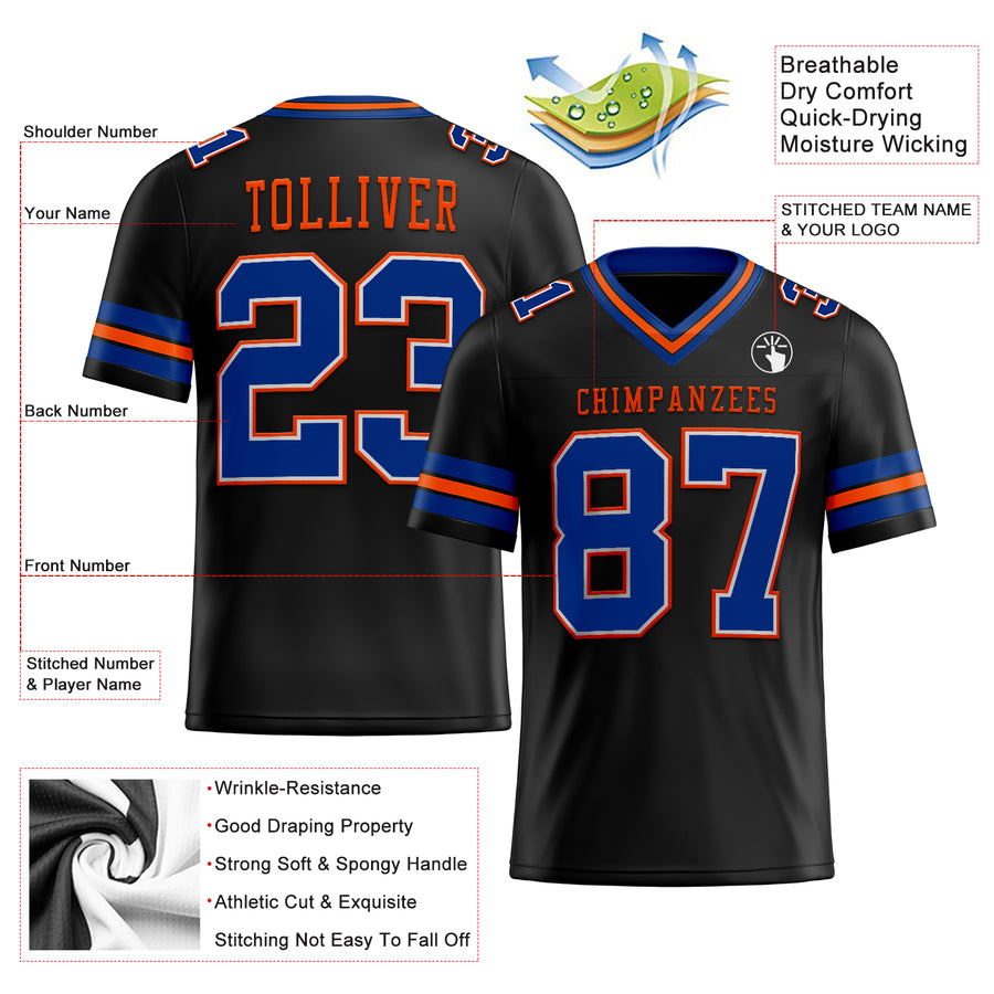 Custom Black Royal-Orange Authentic Football Jersey