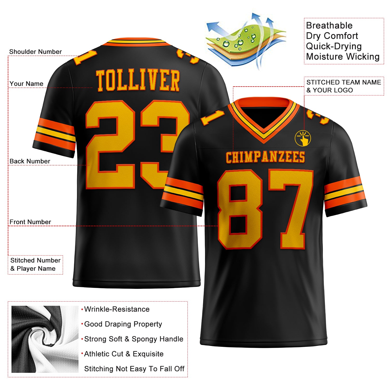 Custom Black Yellow-Orange Authentic Football Jersey